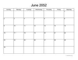 Basic Calendar for June 2052