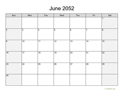 June 2052 Calendar with Weekend Shaded
