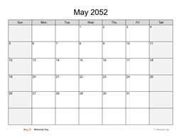 May 2052 Calendar with Weekend Shaded