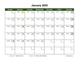 Monthly 2052 Calendar with Day Numbers