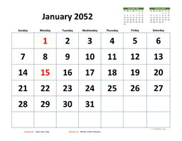 Monthly 2052 Calendar with Extra-large Dates