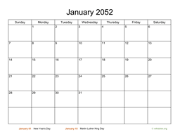 Monthly Basic Calendar for 2052
