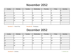 November and December 2052 Calendar