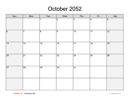 October 2052 Calendar with Weekend Shaded