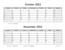 October and November 2052 Calendar
