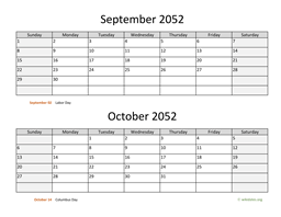 September and October 2052 Calendar