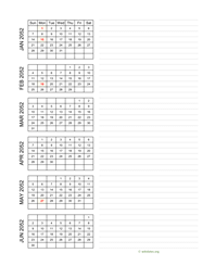 six months 2052 calendar vertical with notes