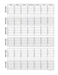 six months 2052 calendar vertical