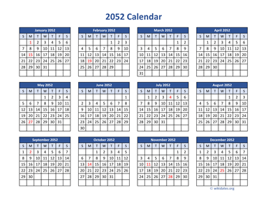 2052 Calendar in PDF