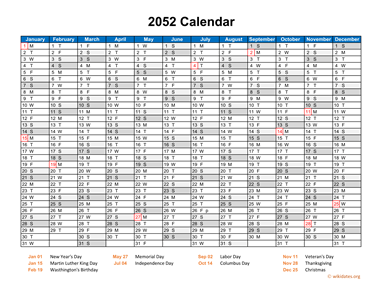 2052 Calendar Horizontal, One Page
