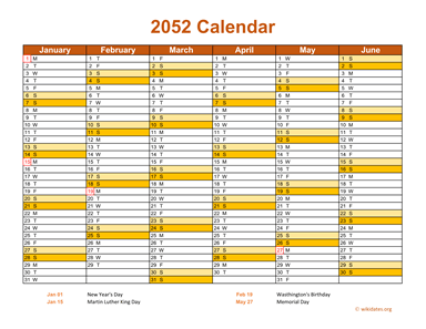 2052 Calendar on 2 Pages, Landscape Orientation