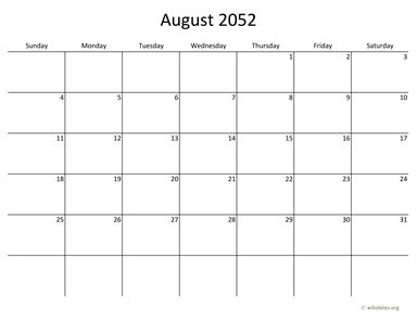 August 2052 Calendar with Bigger boxes