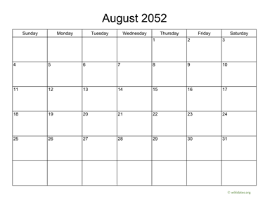 Basic Calendar for August 2052