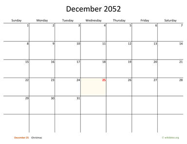 December 2052 Calendar with Bigger boxes