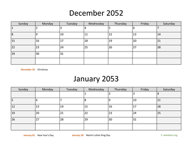 December 2052 and January 2053 Calendar Horizontal