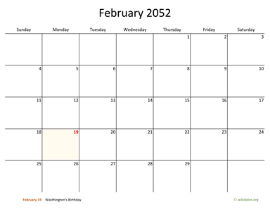 February 2052 Calendar with Bigger boxes