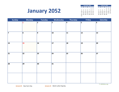 January 2052 Calendar Classic