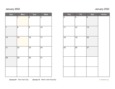 January 2052 Calendar on two pages
