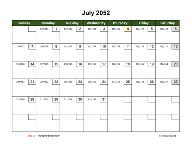July 2052 Calendar with Day Numbers