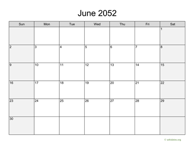 June 2052 Calendar with Weekend Shaded