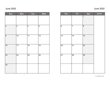 June 2052 Calendar on two pages