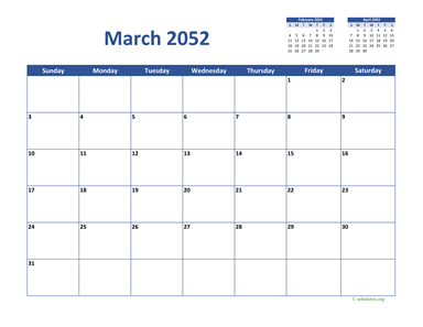 March 2052 Calendar Classic