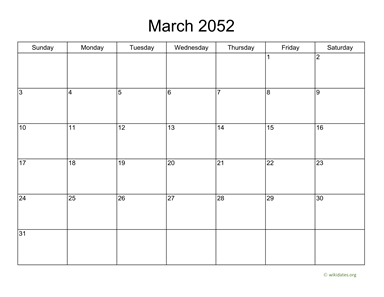 Basic Calendar for March 2052