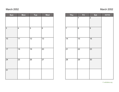 March 2052 Calendar on two pages