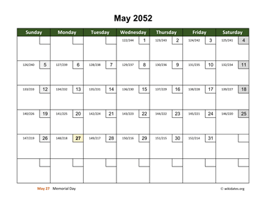 May 2052 Calendar with Day Numbers
