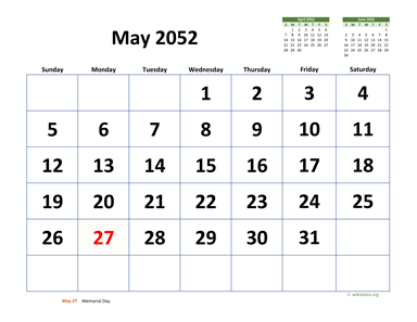 May 2052 Calendar with Extra-large Dates