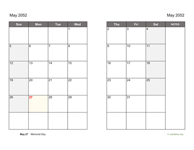 May 2052 Calendar on two pages