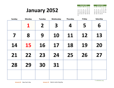 Monthly 2052 Calendar with Extra-large Dates