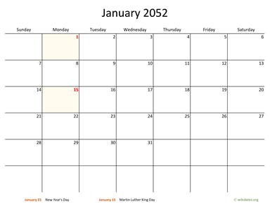 Monthly 2052 Calendar with Bigger boxes