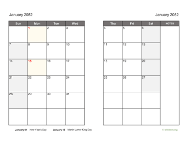 Monthly 2052 Calendar on two pages