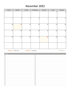 November 2052 Calendar with To-Do List