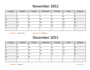 November and December 2052 Calendar Horizontal