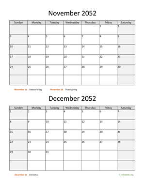 November and December 2052 Calendar Vertical
