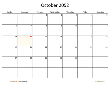 October 2052 Calendar with Bigger boxes