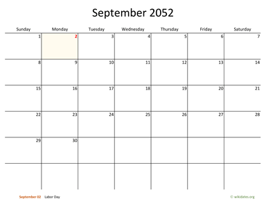 September 2052 Calendar with Bigger boxes
