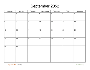 Basic Calendar for September 2052