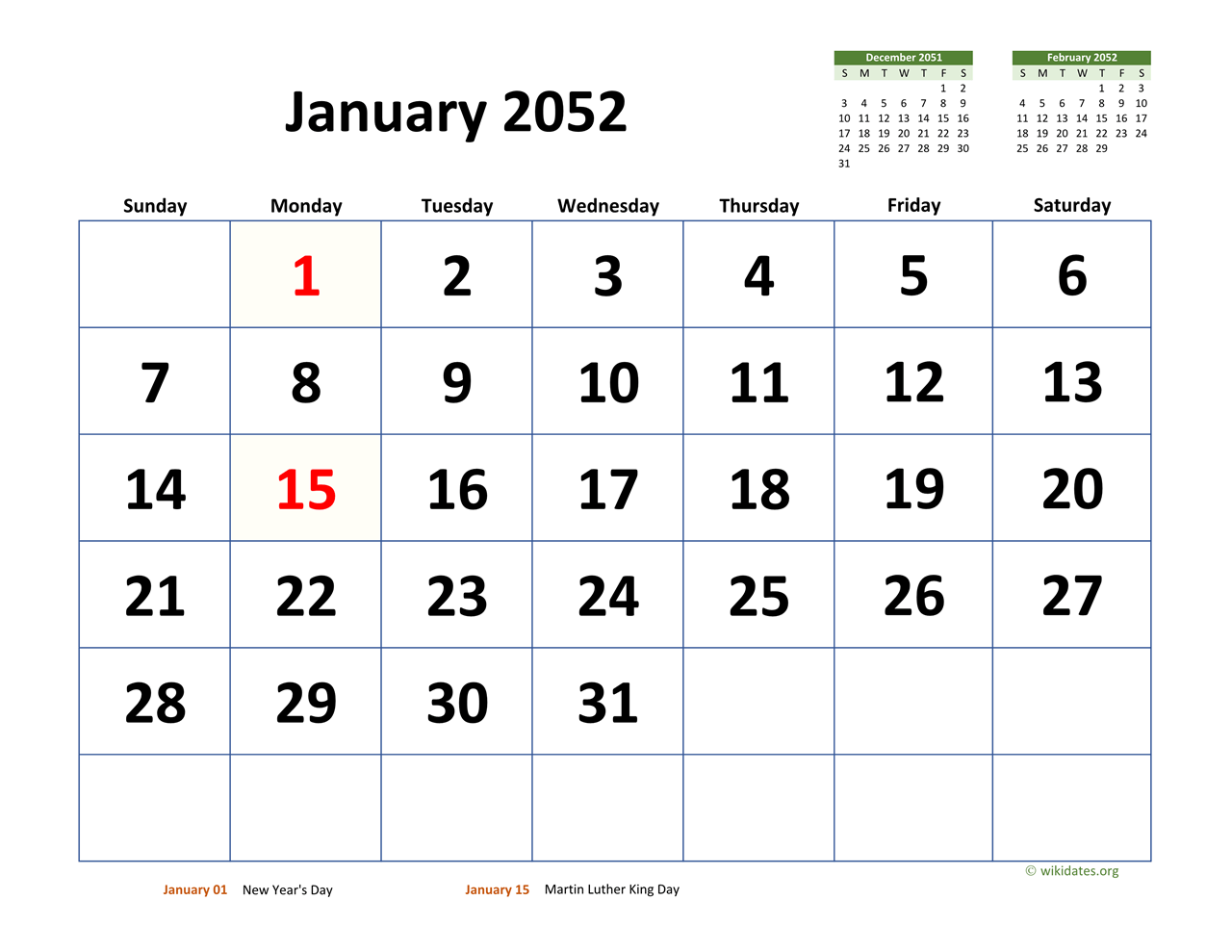 January 2052 Calendar With Extra large Dates WikiDates