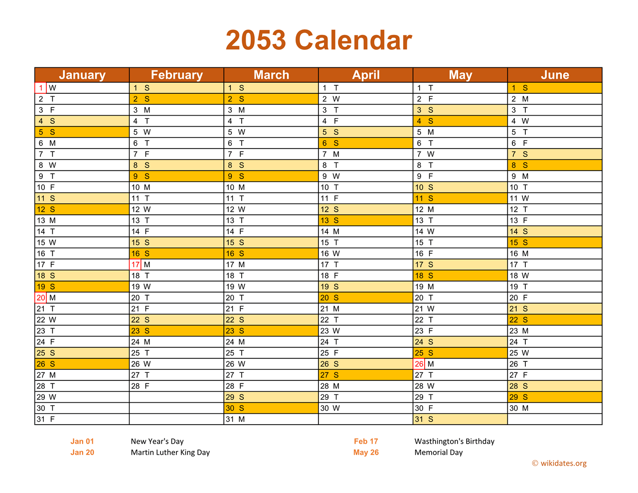 2053 Calendar On 2 Pages Landscape Orientation
