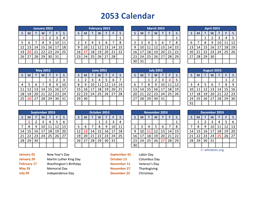PDF Calendar 2053 with Federal Holidays