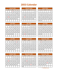 Full Year 2053 Calendar on one page
