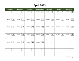 April 2053 Calendar with Day Numbers