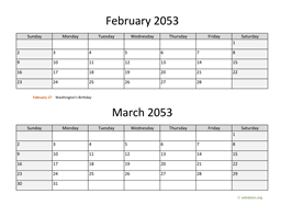February and March 2053 Calendar