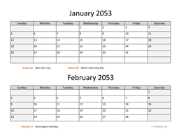 January and February 2053 Calendar