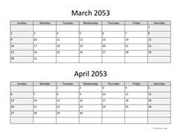 March and April 2053 Calendar