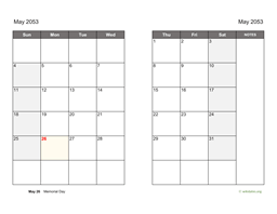 May 2053 Calendar on two pages