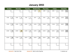 Monthly 2053 Calendar with Day Numbers